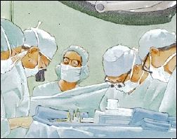 Cinque operatori sanitari che indossano camici chirurgici, maschere e cappelli che fanno chirurgia.