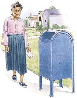Donna che cammina alla cassetta postale.